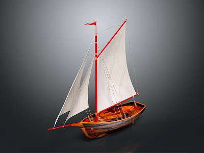 Traditional Wooden Sailing Boat With White Sails Red Mast And Small Red Flag 3d model
