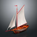 Traditional Wooden Sailing Boat With White Sails Red Mast And Small Red Flag
