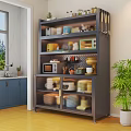 White Sideboard With Glass Door Open Shelves Holding Microwave Coffee Maker And Dishes In Kitchen