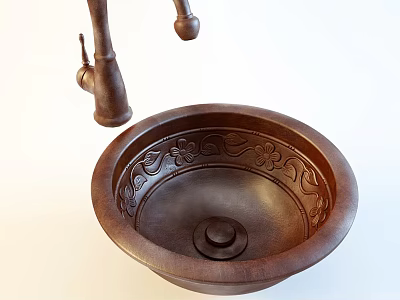 Rustic Carved Wooden Washbasin With Intricate Floral Patterns And Antique Faucet 3d model