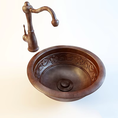 Rustic Carved Wooden Washbasin With Intricate Floral Patterns And Antique Faucet 3d model