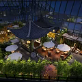 Traditional Chinese Style Garden Landscape With Cozy Lounge Seats Lush Green Plants And Warm Lighting