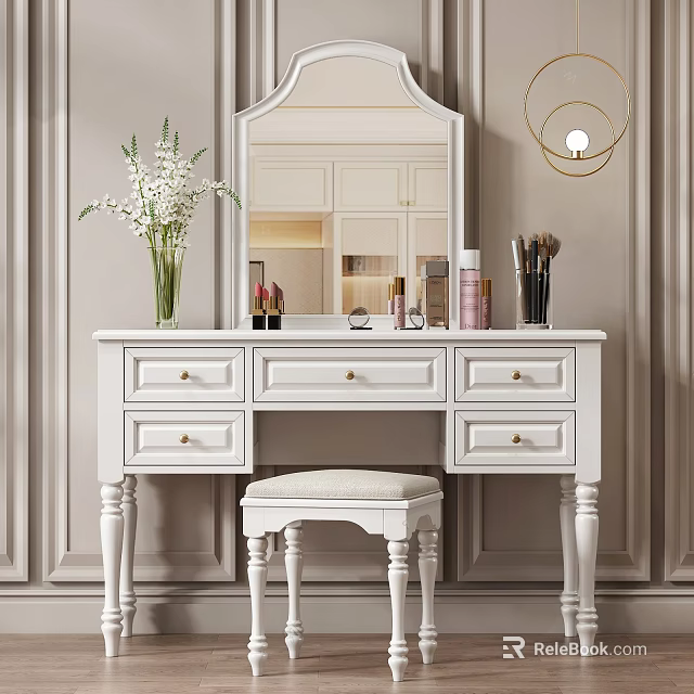 Elegant White Dressing Table with Mirror Drawers Cosmetics Makeup Brushes and Stool 3d model 