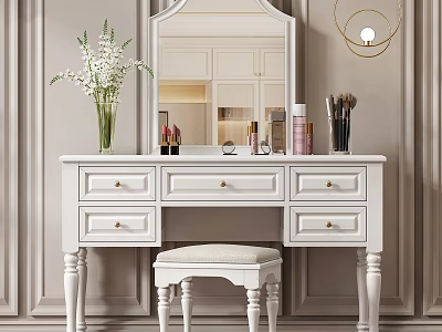Elegant White Dressing Table with Mirror Drawers Cosmetics Makeup Brushes and Stool 3d model