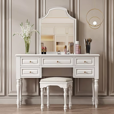 Elegant White Dressing Table with Mirror Drawers Cosmetics Makeup Brushes and Stool 3d model
