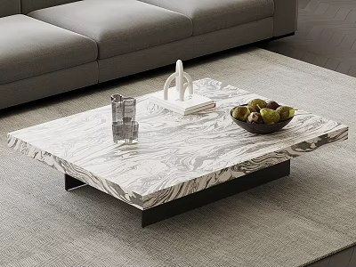 Modern Marble Coffee Table With Glass Cup Sculpture And Green Fruit Bowl In Living Room 3d model