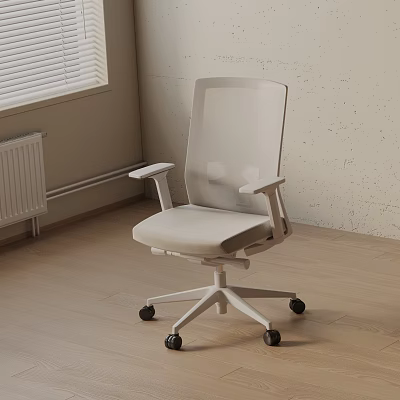 Modern Office Chair With Mesh Backrest Light Gray Cushion White Frame Armrests And Rolling Base 3d model