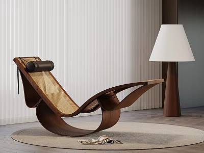 Modern Lounge Chair With Wooden Frame Woven Design And Floor Lamp On Striped Wall Rug 3d model
