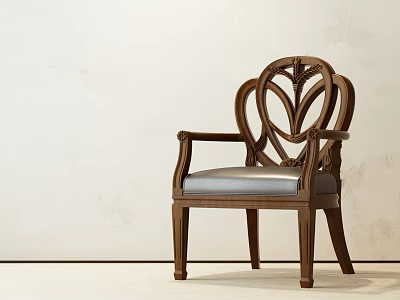 Classic Wooden Dining Chair With Ornate Carved Backrest Armrests And Gray Upholstered Seat 3d model