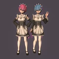 Two Cute Anime Maid Characters With Pink Blue Hair In Classic Outfits Waving Posing
