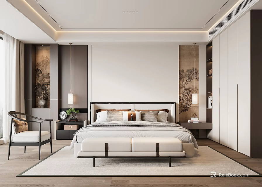 Modern Bedroom Interior With King Size Bed Nightstands And Built In Wardrobe 3d model 