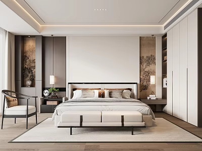 Modern Bedroom Interior With King Size Bed Nightstands And Built In Wardrobe 3d model