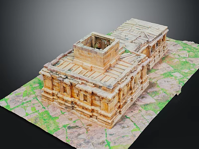 Cartoon Scene of Ancient Architecture Model on Map with Columns Roof Details and Structure 3d model