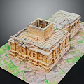 Cartoon Scene of Ancient Architecture Model on Map with Columns Roof Details and Structure