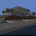 Modern Office Building Featuring Glass Curtain Walls Stone Facade Terrace Plaza and Waterfront Walkway