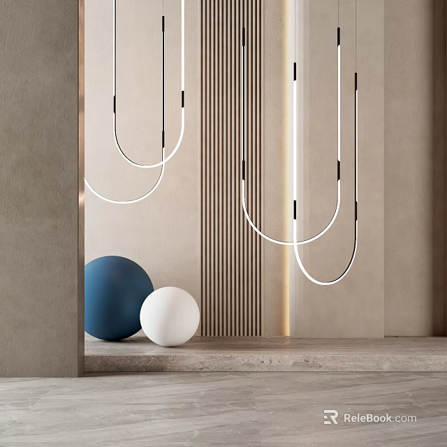 Sleek Modern Chandelier With Curved White Lines Blue White Spheres And Striped Wall 3d model 