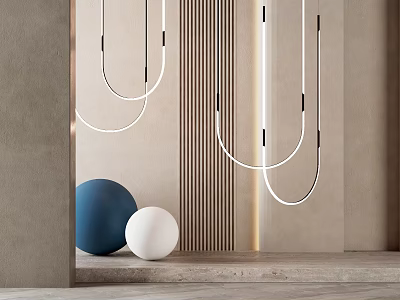 Sleek Modern Chandelier With Curved White Lines Blue White Spheres And Striped Wall 3d model