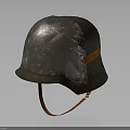 Vintage Green Military Helmet With Metallic Worn Texture And Orange Strap