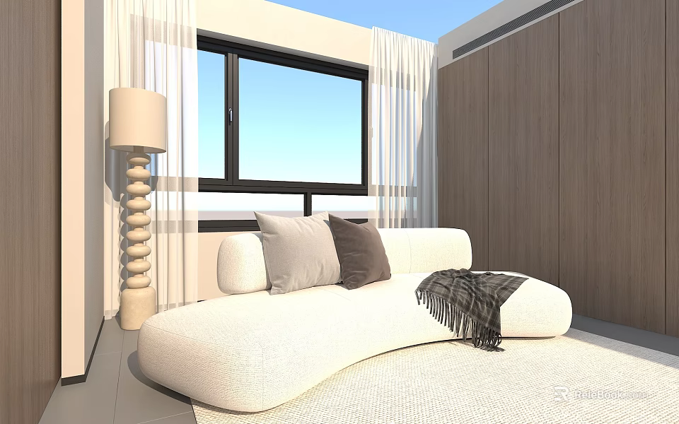 White Curved Multi Seater Sofa With Gray Pillows Knit Blanket Near Window And Floor Lamp 3d model 