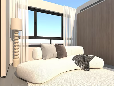 White Curved Multi Seater Sofa With Gray Pillows Knit Blanket Near Window And Floor Lamp 3d model