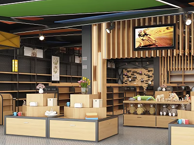 Modern Retail Store Interior With Wooden Shelves Product Displays Green Ceiling And TV Screen 3d model