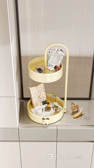 Two Tiered Cream Metal Stand Decorative Ornament Set with Books Newspaper Deer Figurine and Candle 3d model 