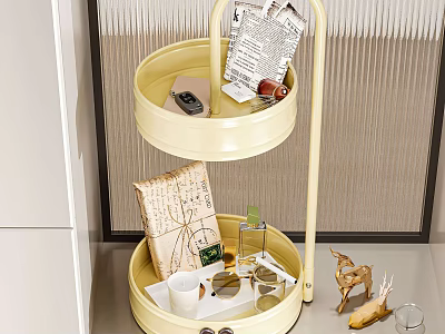 Two Tiered Cream Metal Stand Decorative Ornament Set with Books Newspaper Deer Figurine and Candle 3d model