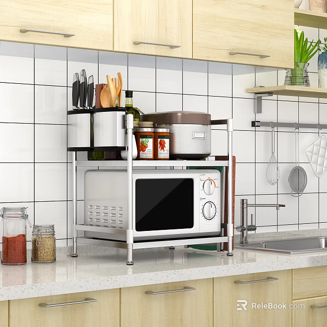 Stainless Steel Microwave Shelf Holding Knives Spice Jars And Pot In Modern Kitchen 3d model 