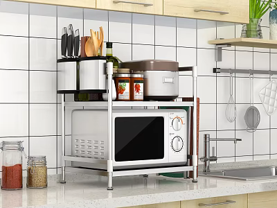 Stainless Steel Microwave Shelf Holding Knives Spice Jars And Pot In Modern Kitchen 3d model