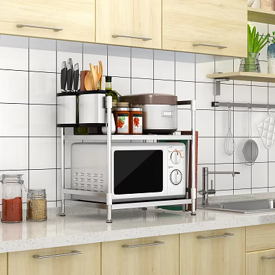 Stainless Steel Microwave Shelf Holding Knives Spice Jars And Pot In Modern Kitchen 3d model