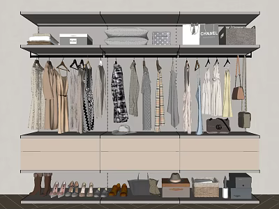 Modern Wardrobe Interior With Shelves Folded Clothes Boxes Hanging Dresses Shirts Drawers Shoes And Bags 3d model