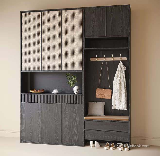 Contemporary Dark Wooden Shoe Cabinet With Coat Hooks Bench Woven Doors And Decorative Plant 3d model 