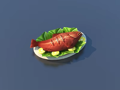 Whole Roasted Red Fish Served With Green Leaves And Lemon Slices On White Plate 3d model