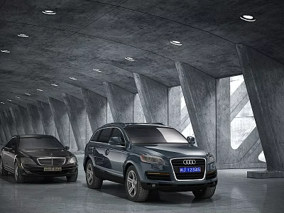 Modern Luxury Cars In Concrete Garage With Arch Supports And Ceiling Lighting 3d model