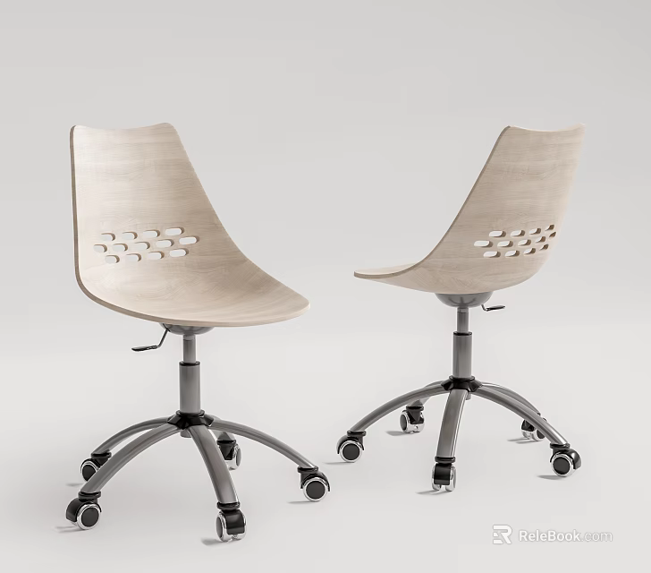 Modern Office Chairs With Wooden Backrests Hollow Out Design And Metal Bases With Wheels 3d model 