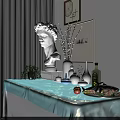 Dining Table With Turquoise Tablecloth White Sculpture Vase Olive Bottle Fruit Fish Green Plant Wall Paintings