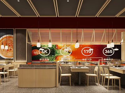 Modern Restaurant Interior With Wooden Ceiling Pendant Lights Tables Chairs And Colorful Wall Decor 3d model