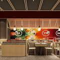Modern Restaurant Interior With Wooden Ceiling Pendant Lights Tables Chairs And Colorful Wall Decor