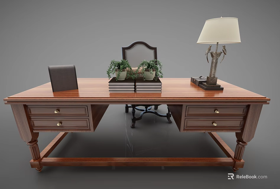 Classic Wooden Desk With Drawers Chair Table Lamp And Green Plants 3d model 