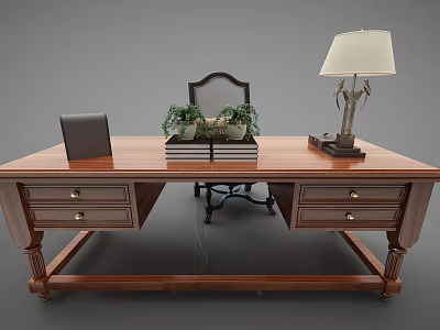 Classic Wooden Desk With Drawers Chair Table Lamp And Green Plants 3d model