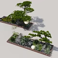 Miniature Garden Landscape Design With Trees Stones And Various Plants In Rectangular Trays 3d model