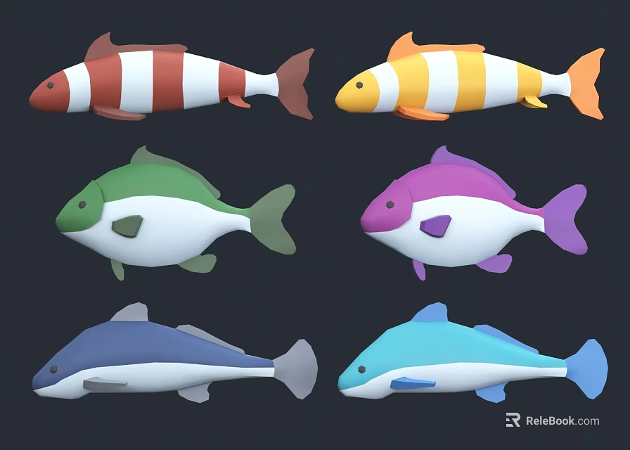 Colorful Cartoon Aquatic Animals Featuring Red Orange Green Purple Blue Fish 3d model 