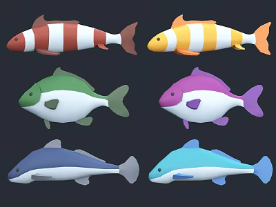 Colorful Cartoon Aquatic Animals Featuring Red Orange Green Purple Blue Fish 3d model