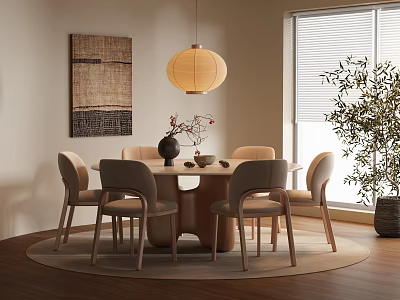 Modern Cozy Round Dining Table Set With Chairs Hanging Lamp Decorative Painting And Potted Plant 3d model