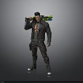 Tattooed Cyberpunk Game Character Wearing Black Leather Jacket With Large Gun And Green Blue Accents