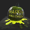 Green Pumpkin Vegetable With Carved Smiley Face Yellow Liquid And Mottled Surface