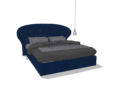 Navy Blue Double Bed With Curved Upholstered Headboard And Gray Bed Linens 3d model