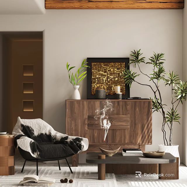 Cozy Accent Chair Interior With Walnut Cabinet Vase Candles Painting And Indoor Plants 3d model 
