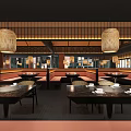 Modern Hot Pot Restaurant Interior With Wooden Decor Hanging Lanterns And Open Counter