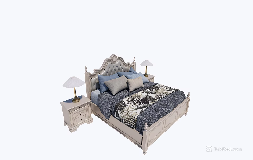 Classic White Double Bed With Carved Headboard Gray Pillows And Patterned Quilt 3d model